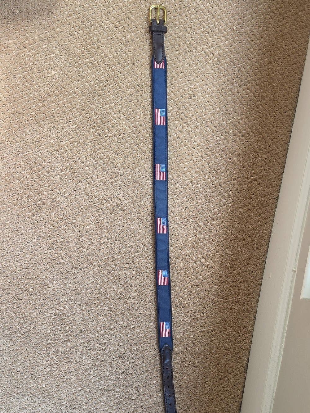 Vineyard Vines Navy Blue Leather Belt with American Flag Embroidery